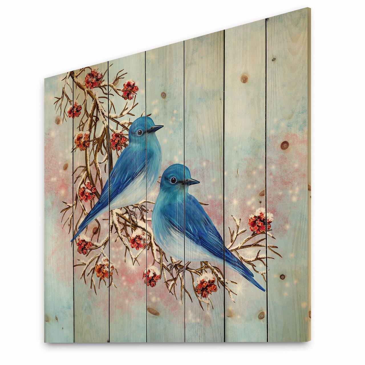 Designart - Two Blue Birds Sitting On A Branch With Berries - Traditional Print on Natural Pine Wood